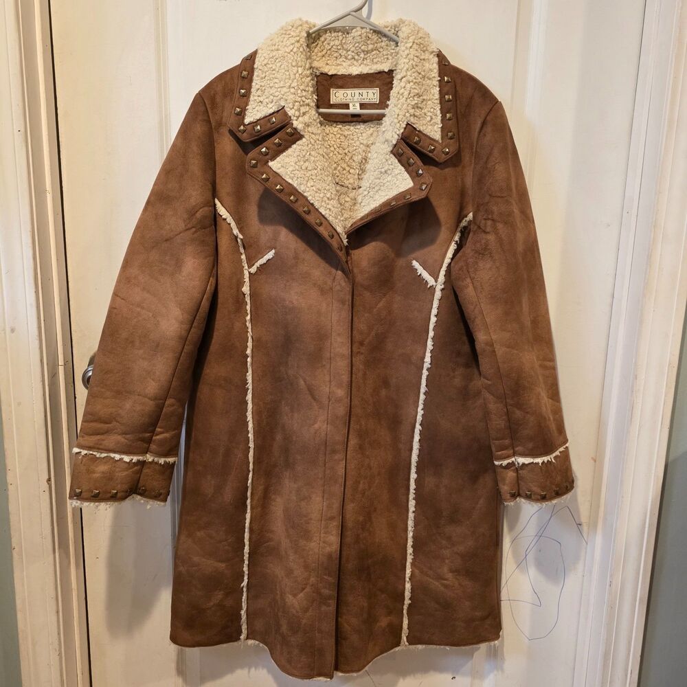 NWT Western XL Brown Faux Suede Sherpa Coat Studded Boho Rustic Cowboy Rancher